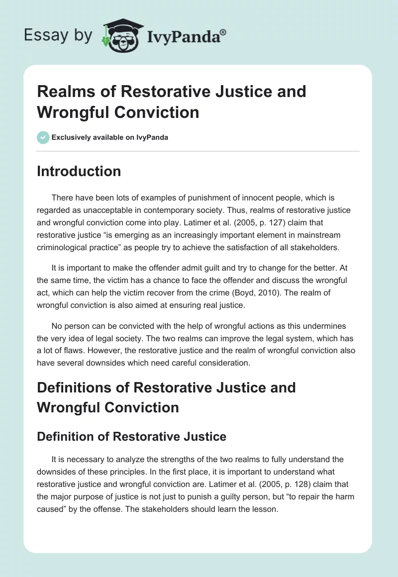 Realms of Restorative Justice and Wrongful Conviction. Page 1