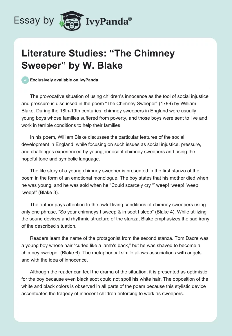 Literature Studies: “The Chimney Sweeper” by W. Blake. Page 1