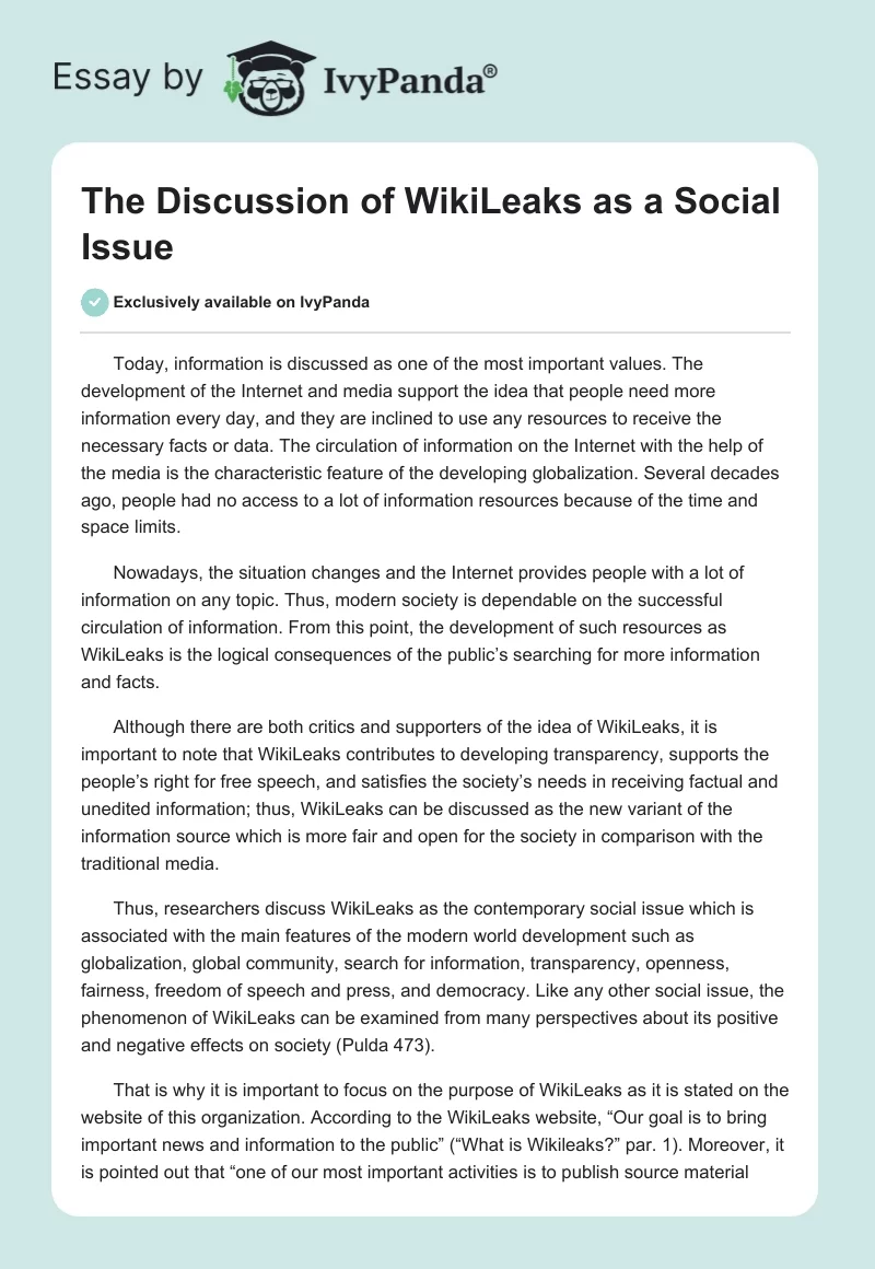 The Discussion of WikiLeaks as a Social Issue. Page 1