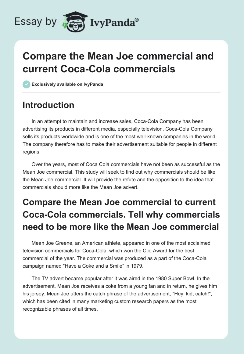 Compare the Mean Joe commercial and current Coca-Cola commercials. Page 1