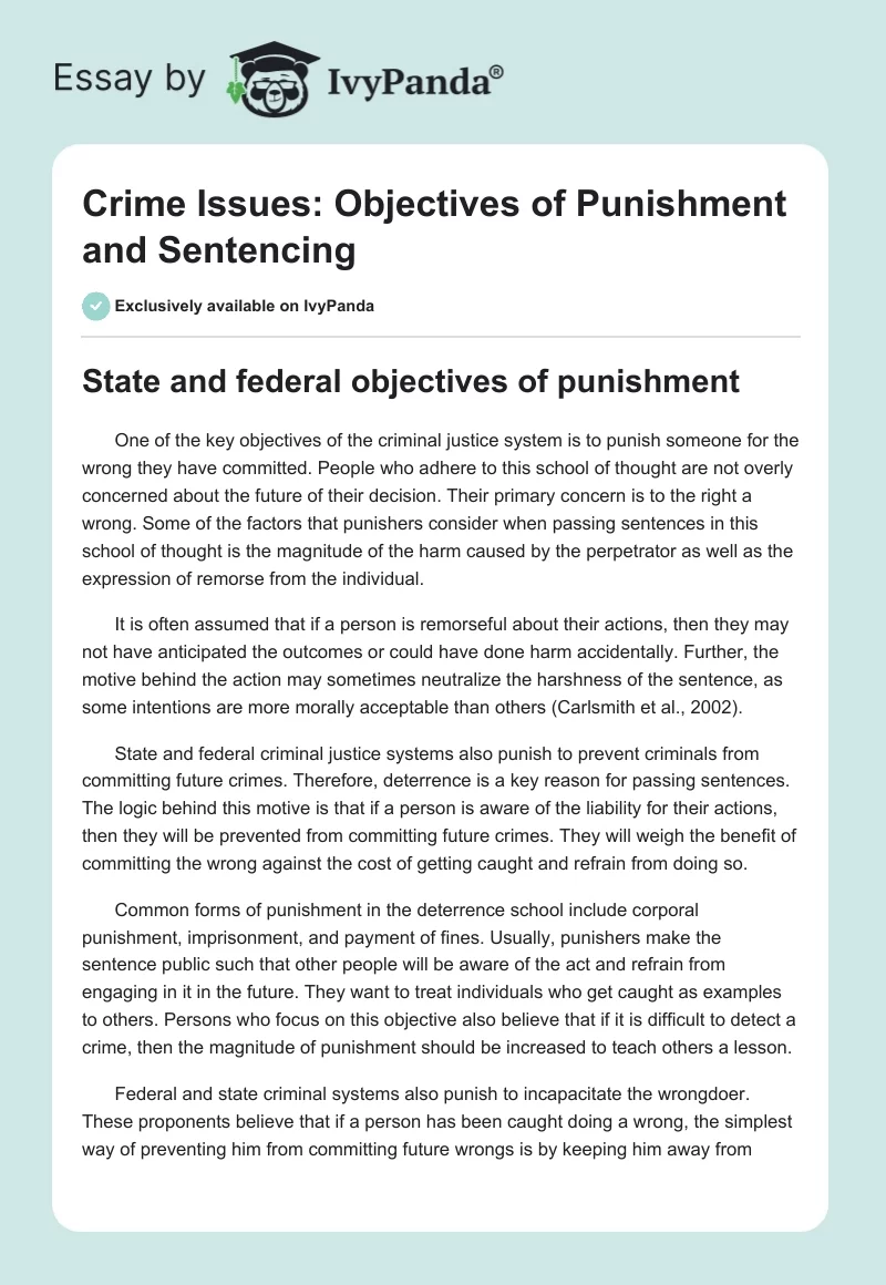 Crime Issues: Objectives of Punishment and Sentencing. Page 1