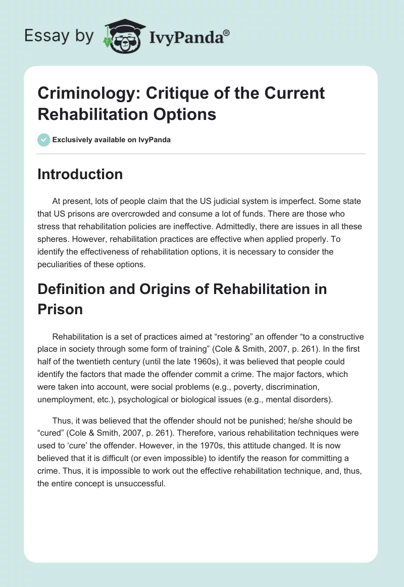 Criminology: Critique of the Current Rehabilitation Options. Page 1