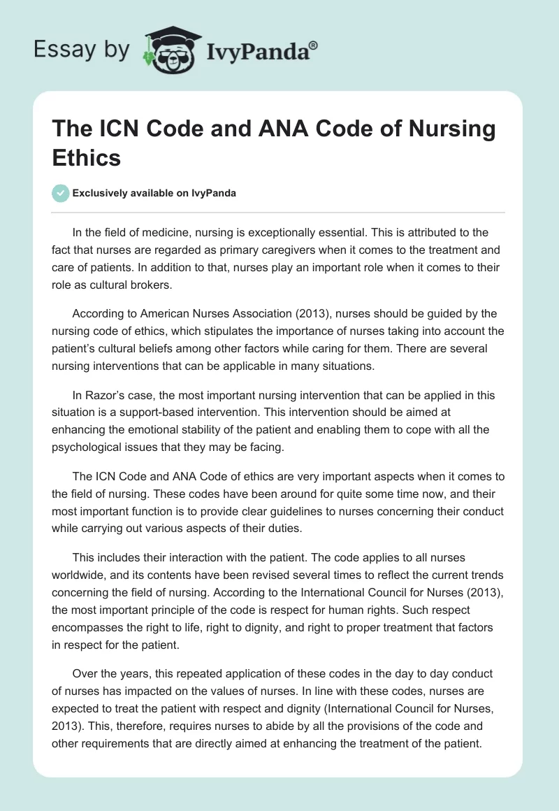 The ICN Code and ANA Code of Nursing Ethics. Page 1
