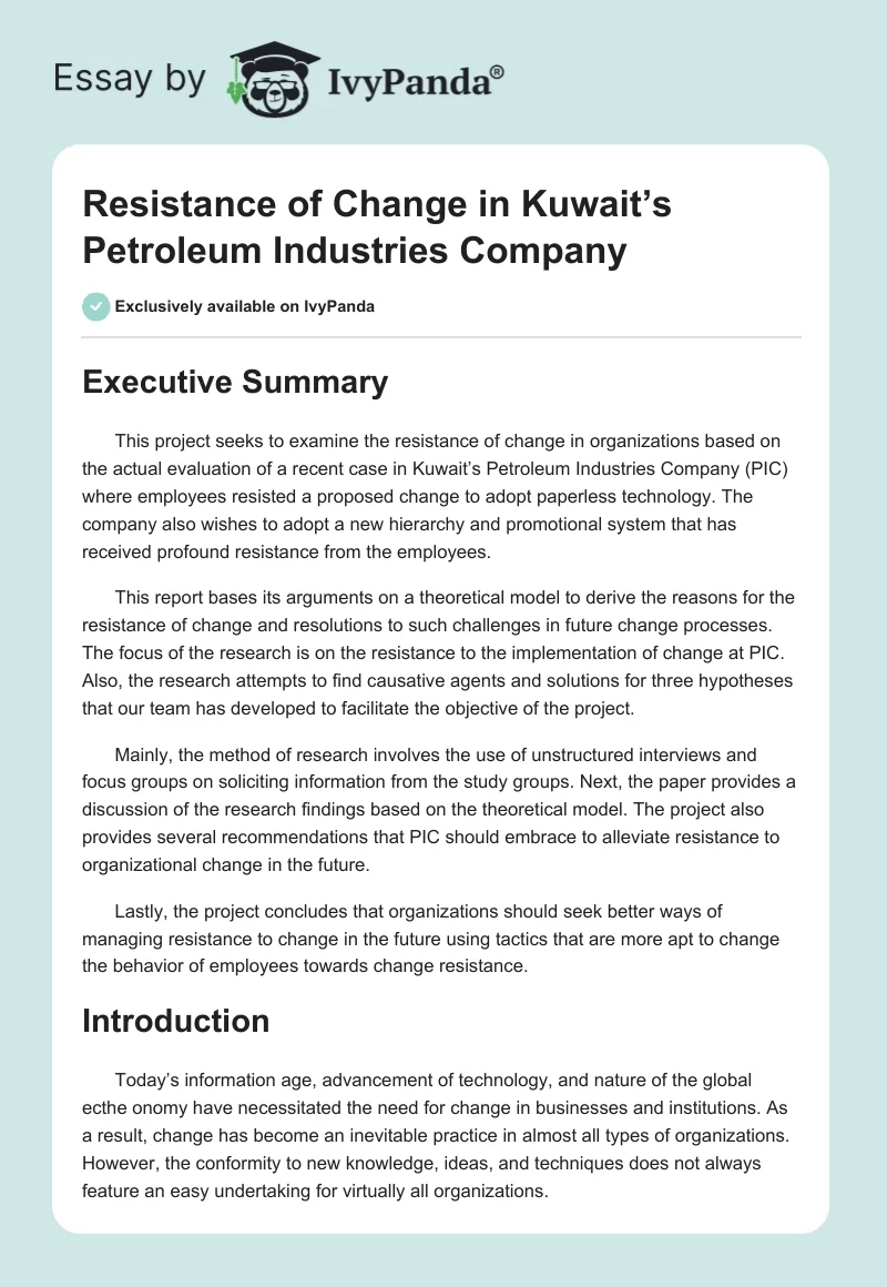 Resistance of Change in Kuwait’s Petroleum Industries Company. Page 1