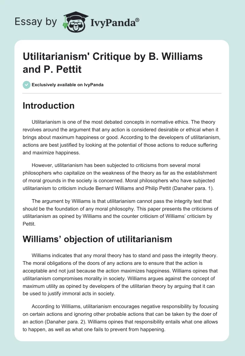 Utilitarianism' Critique by B. Williams and P. Pettit. Page 1