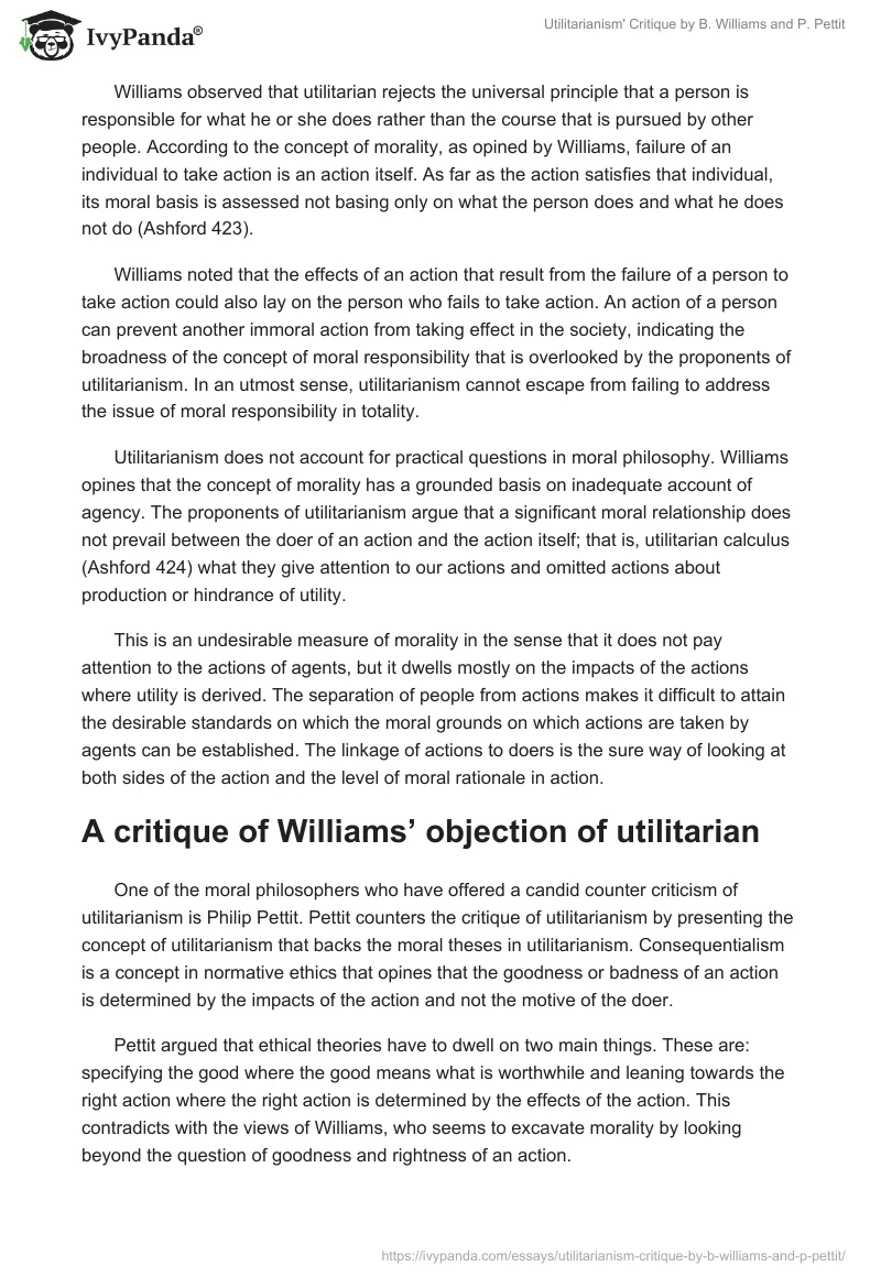 Utilitarianism' Critique by B. Williams and P. Pettit. Page 2