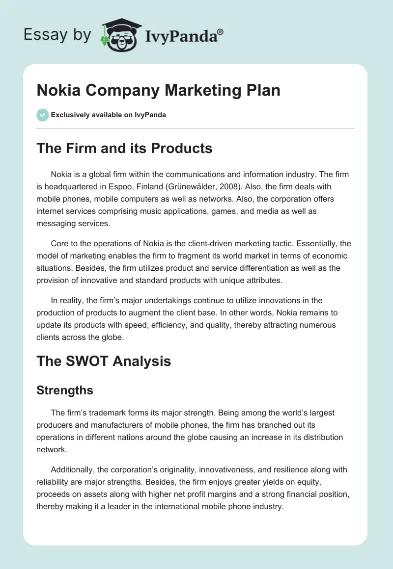 Nokia Company Marketing Plan. Page 1