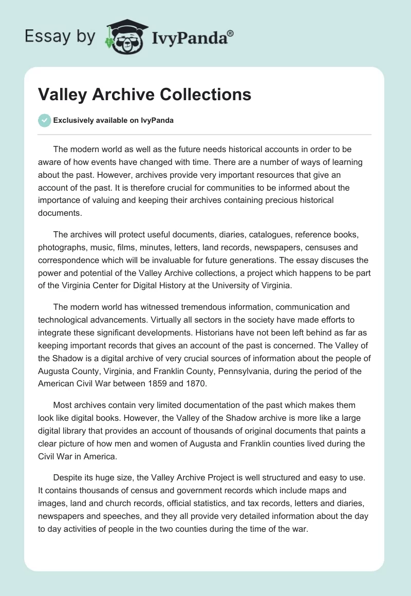 Valley Archive Collections. Page 1