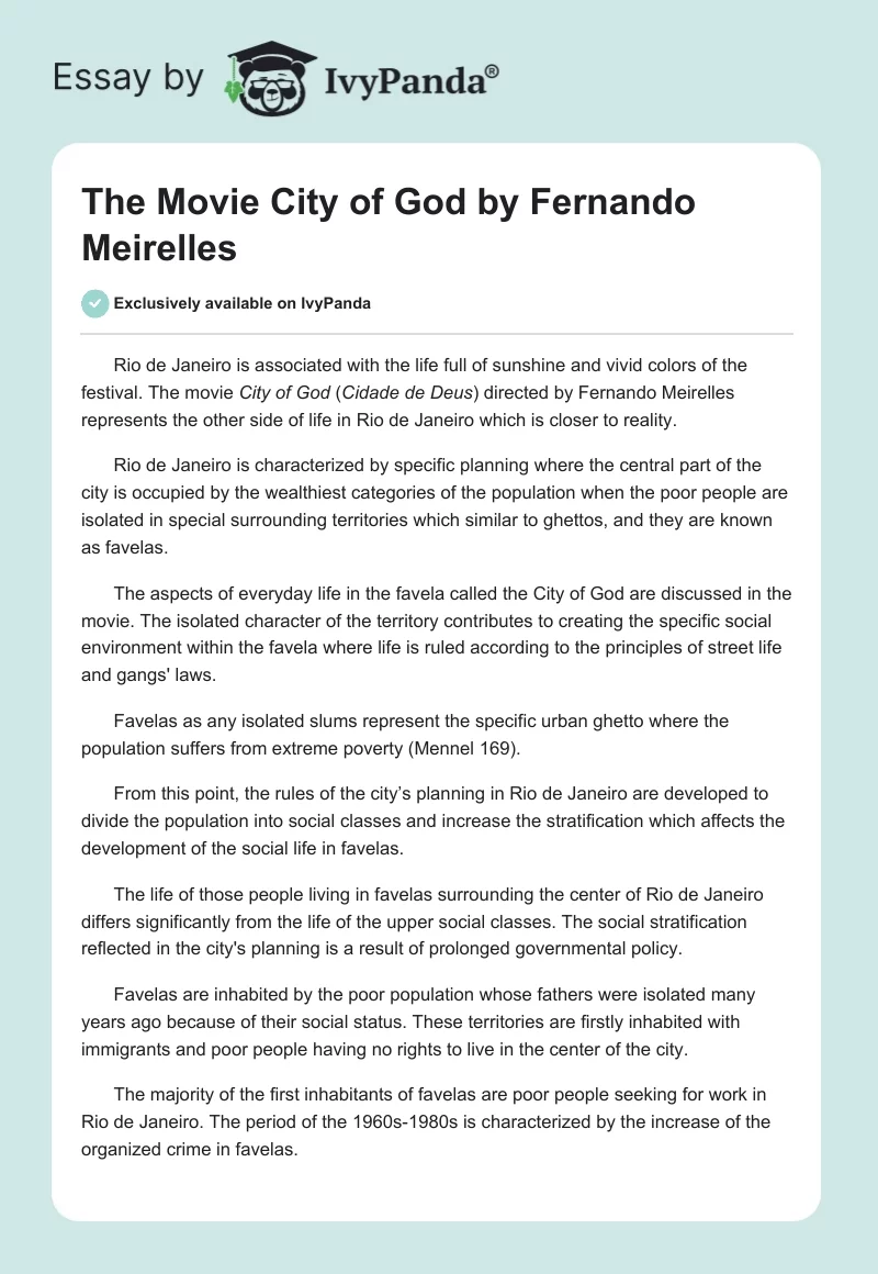 The Movie "City of God" by Fernando Meirelles. Page 1