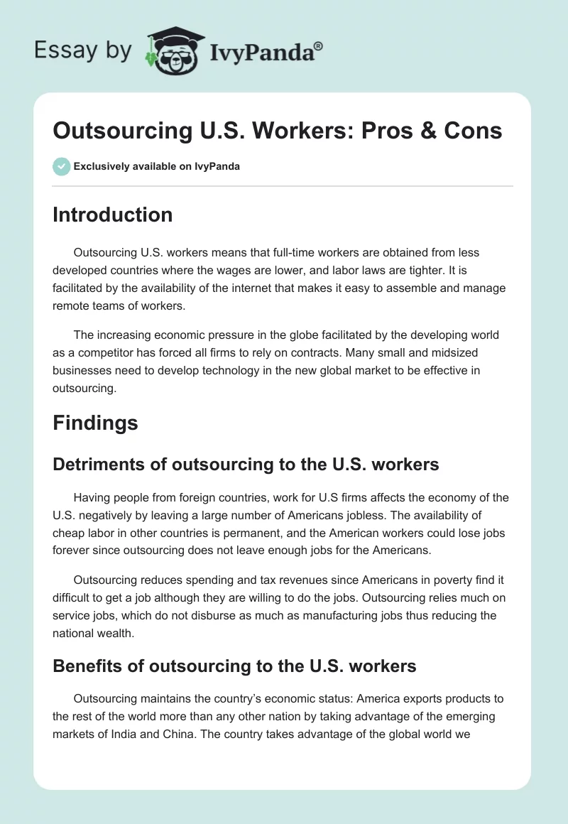 Outsourcing U.S. Workers: Pros & Cons. Page 1