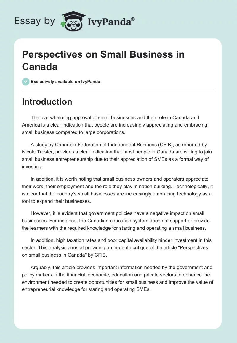 Perspectives on Small Business in Canada. Page 1