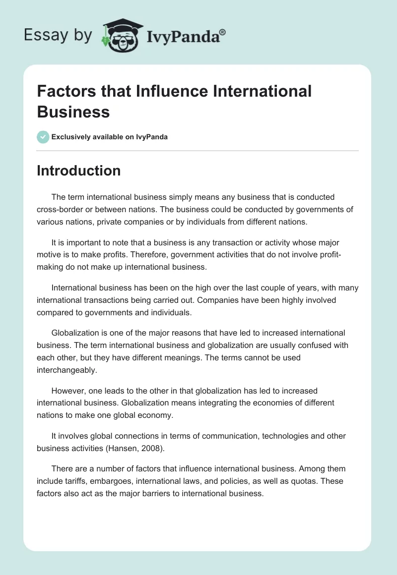 Factors that Influence International Business. Page 1