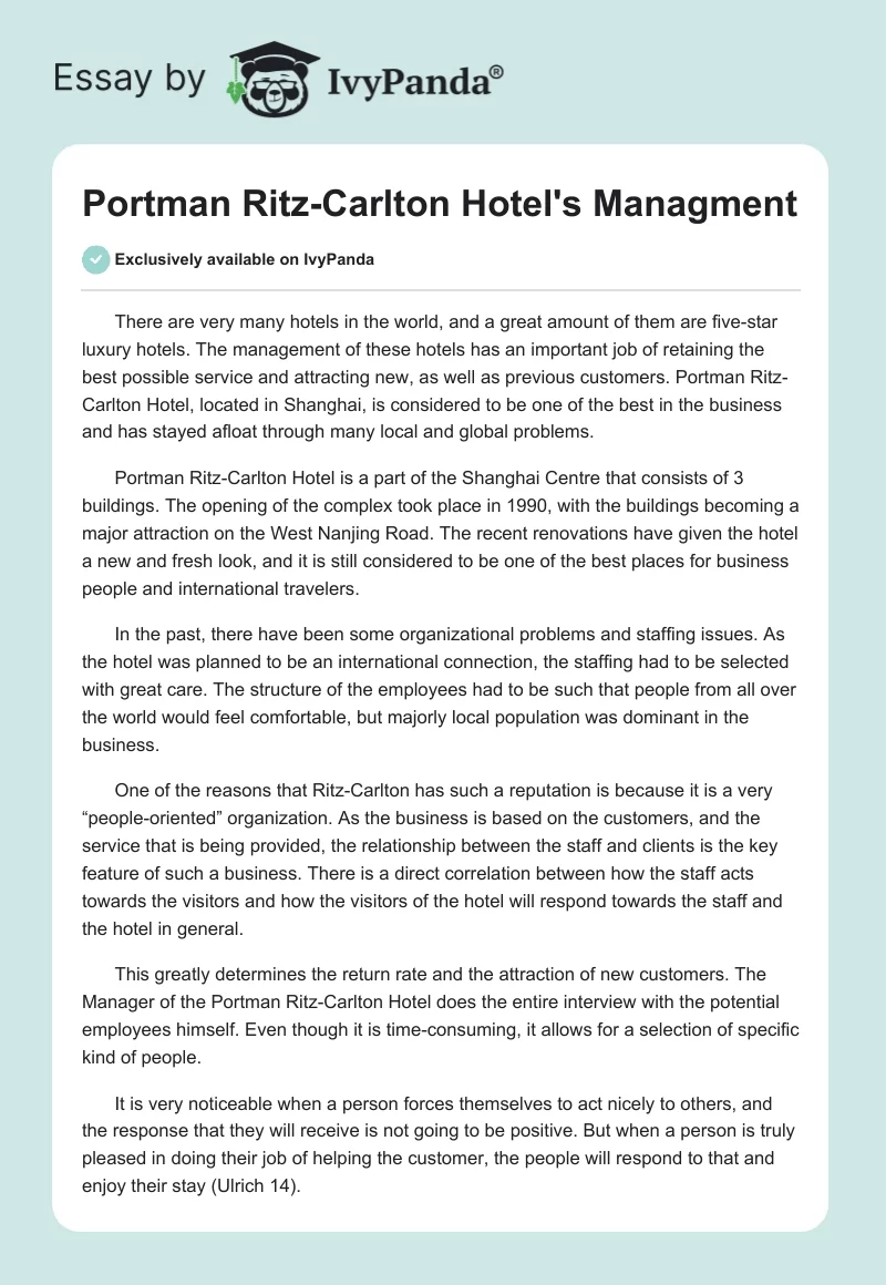Portman Ritz-Carlton Hotel's Managment. Page 1