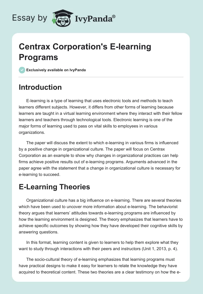 Centrax Corporation's E-Learning Programs. Page 1