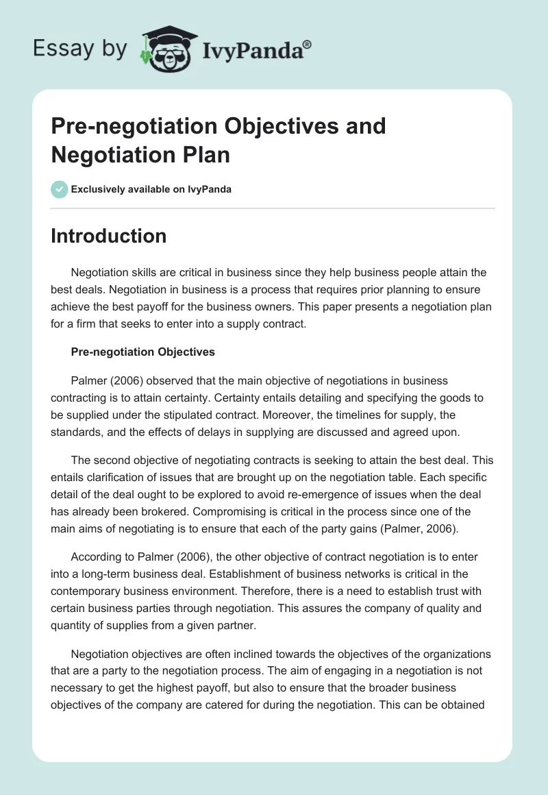Pre-Negotiation Objectives and Negotiation Plan. Page 1
