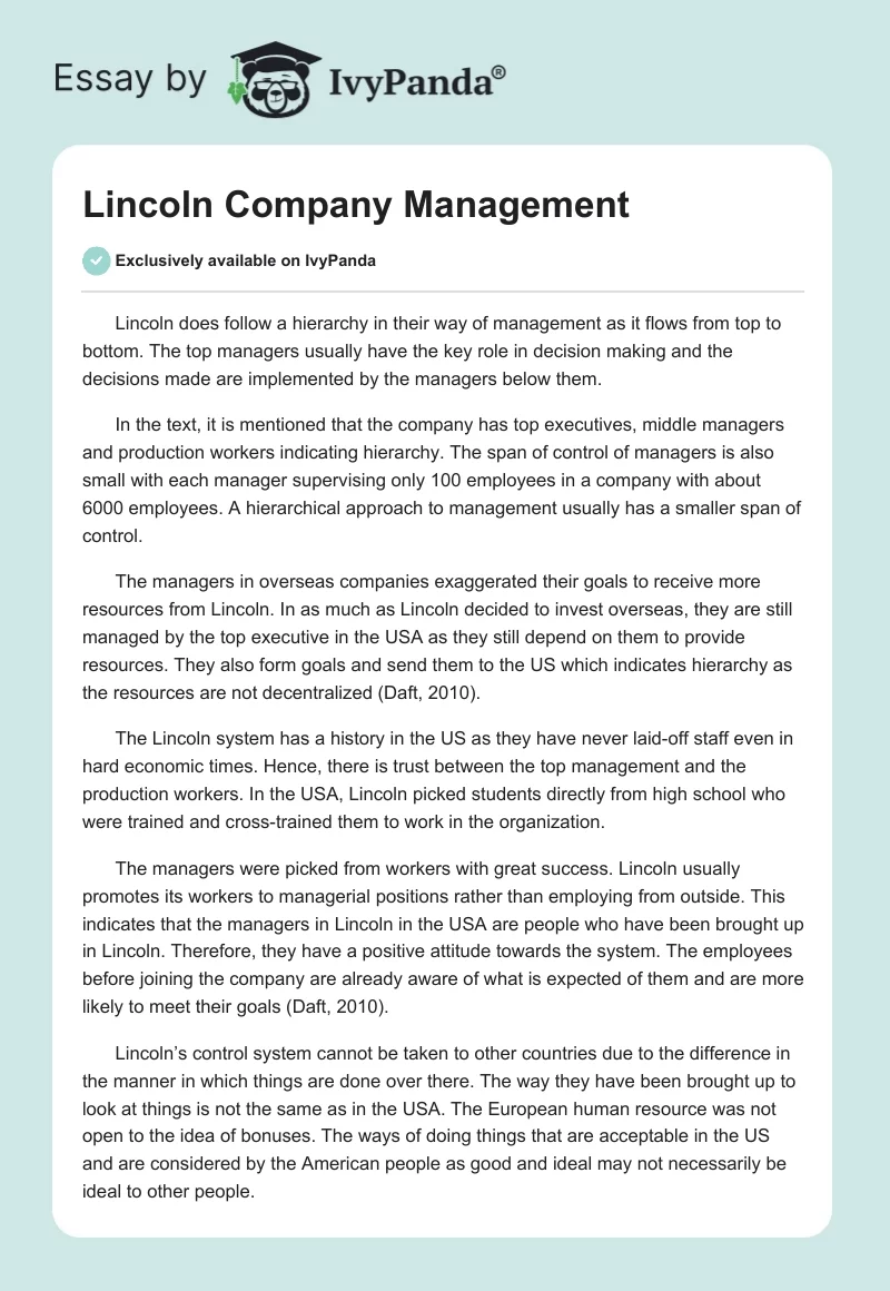 Lincoln Company Management. Page 1