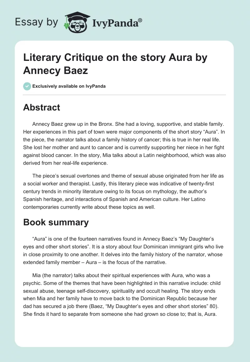 Literary Critique on the story "Aura" by Annecy Baez. Page 1