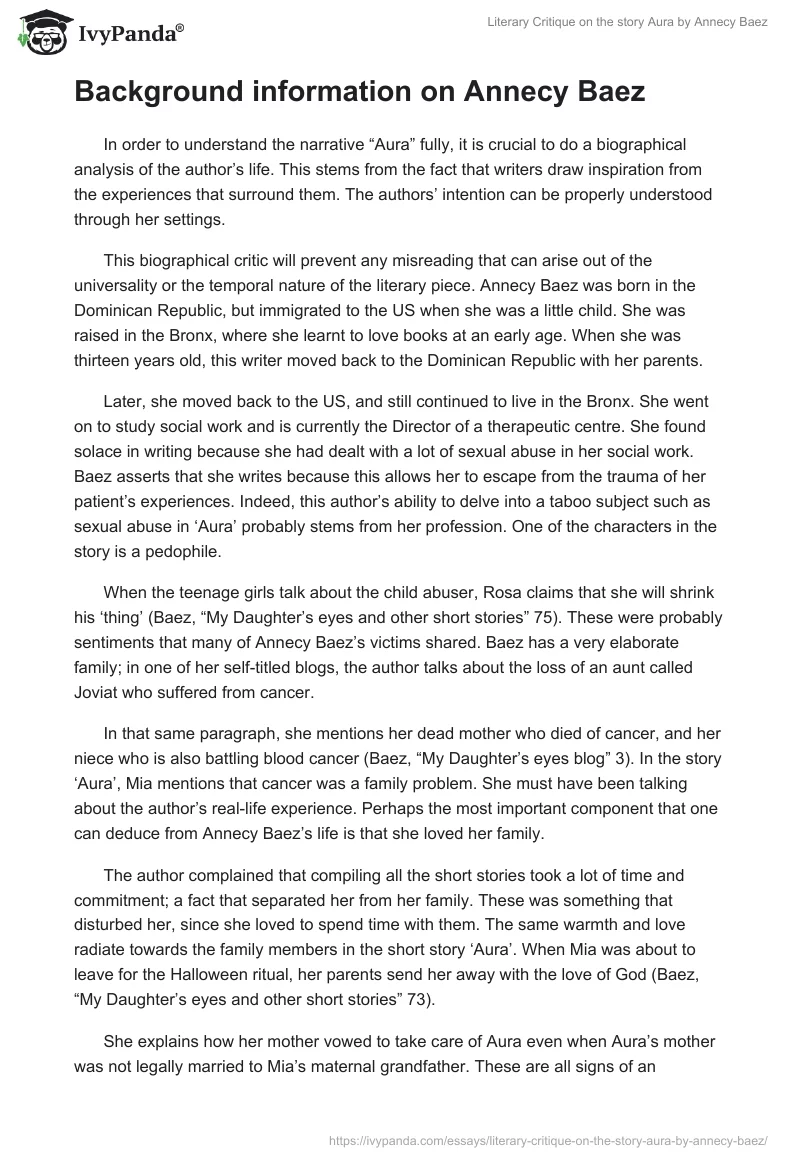 Literary Critique on the story "Aura" by Annecy Baez. Page 2