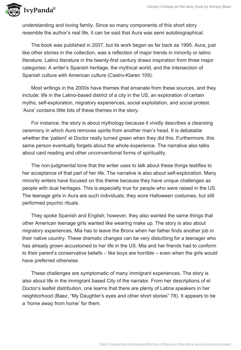 Literary Critique on the story "Aura" by Annecy Baez. Page 3