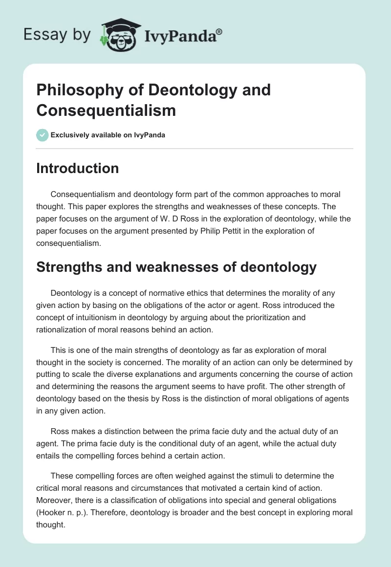 Philosophy of Deontology and Consequentialism. Page 1