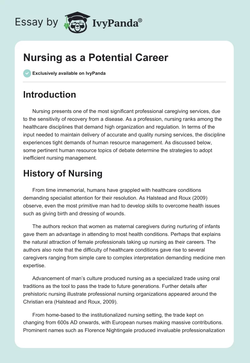 Nursing as a Potential Career. Page 1