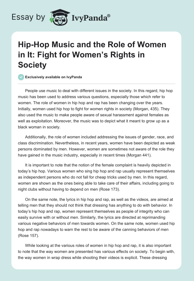 Hip-Hop Music and the Role of Women in It: Fight for Women’s Rights in Society. Page 1