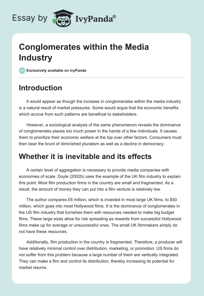 Conglomerates within the Media Industry. Page 1