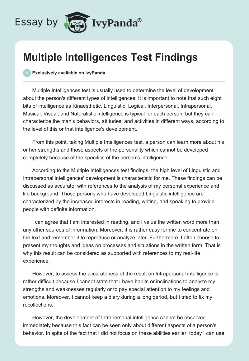 Multiple Intelligences Test Findings. Page 1