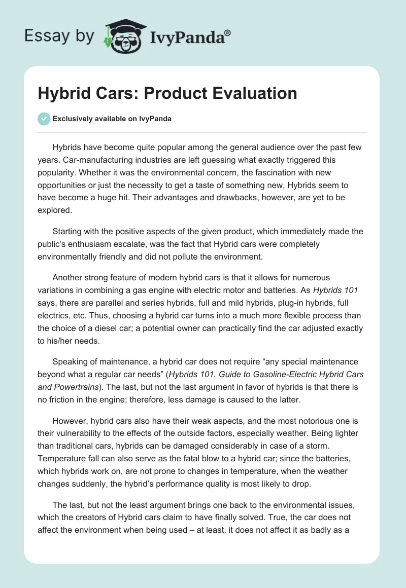 Hybrid Cars: Product Evaluation. Page 1