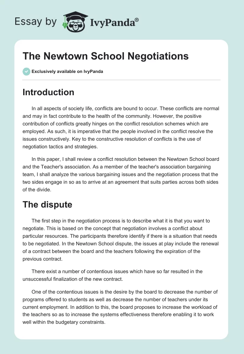 The Newtown School Negotiations. Page 1