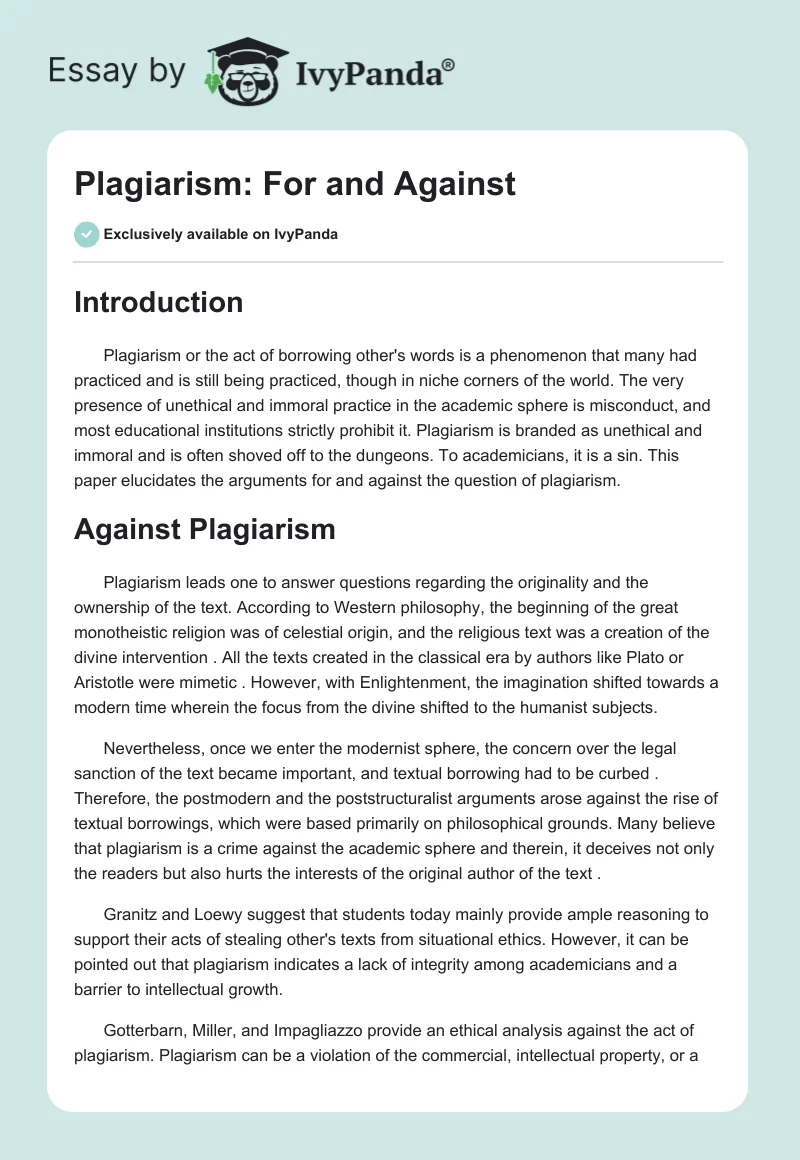 Plagiarism: For and Against. Page 1