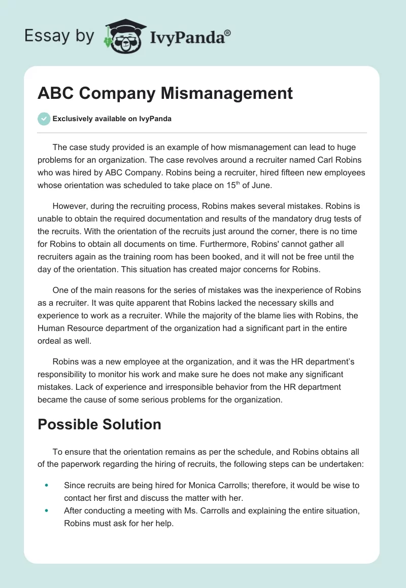 ABC Company Mismanagement. Page 1