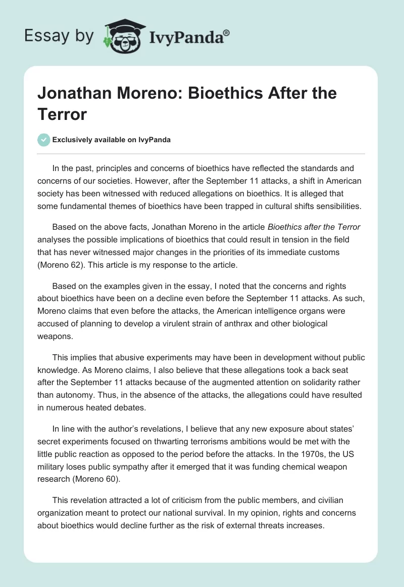 Jonathan Moreno: Bioethics After the Terror. Page 1