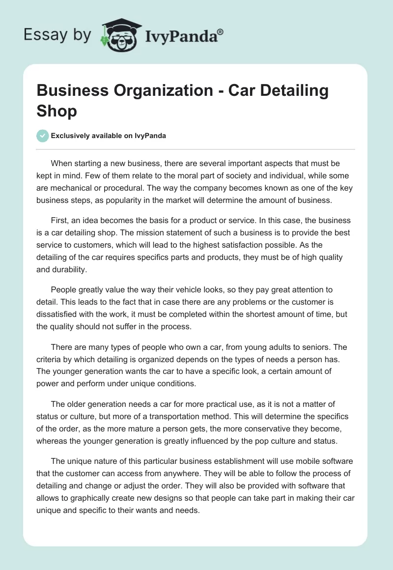 Business Organization - Car Detailing Shop. Page 1