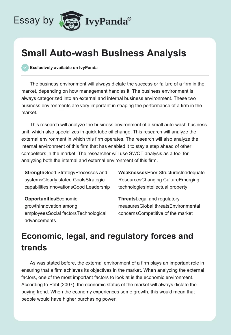 Small Auto-wash Business Analysis. Page 1