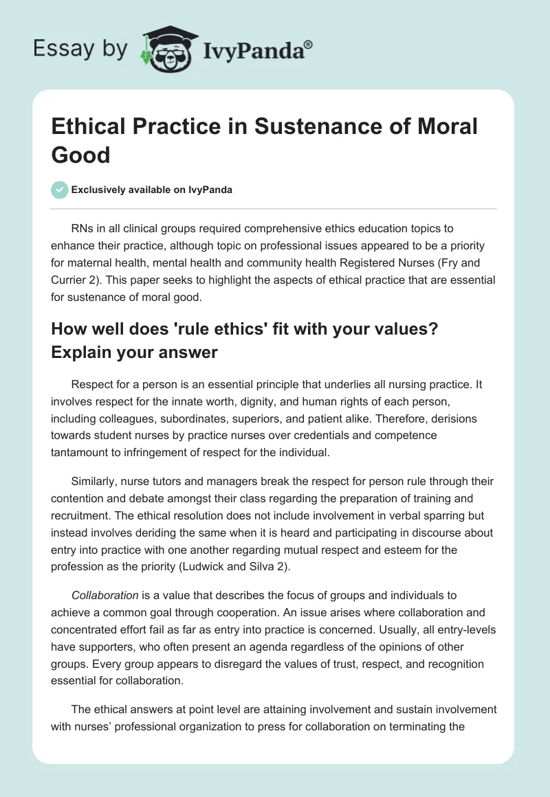 Ethical Practice in Sustenance of Moral Good. Page 1