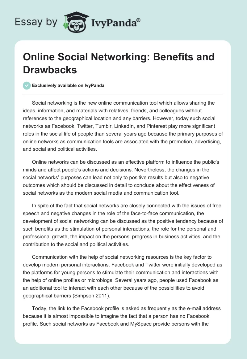 Online Social Networking: Benefits and Drawbacks. Page 1