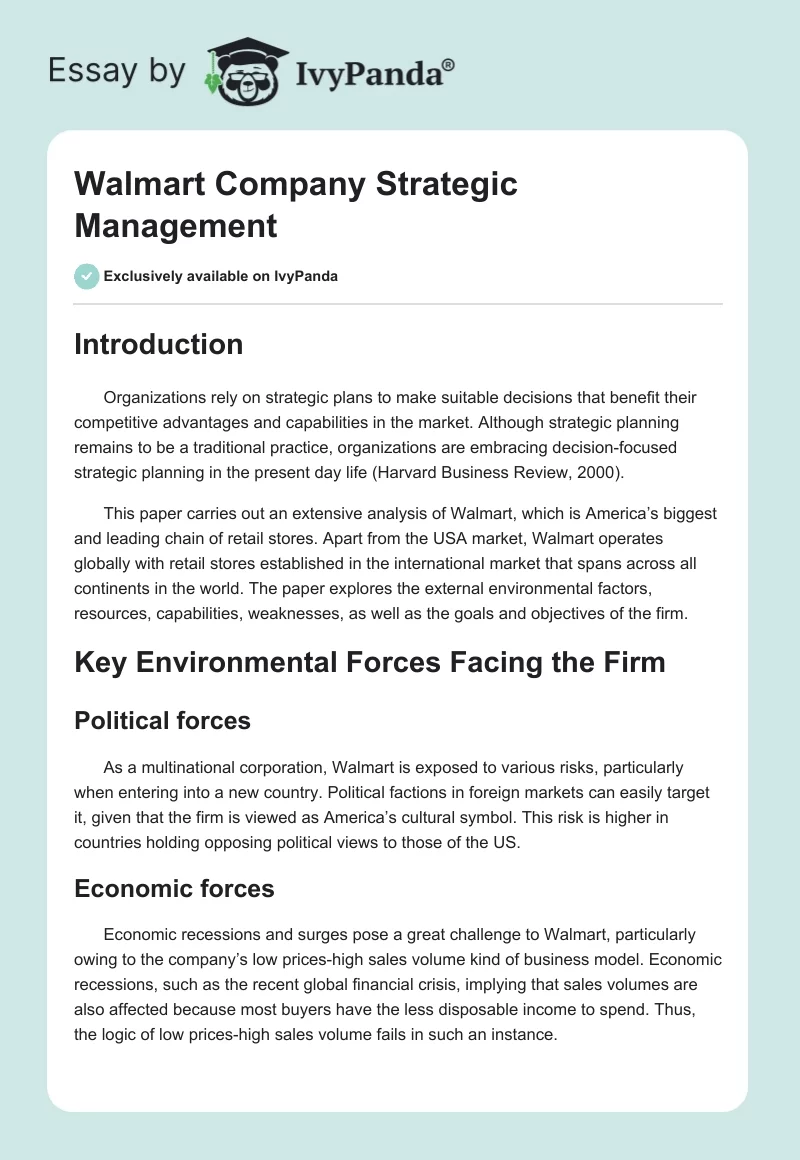 Walmart Company Strategic Management. Page 1