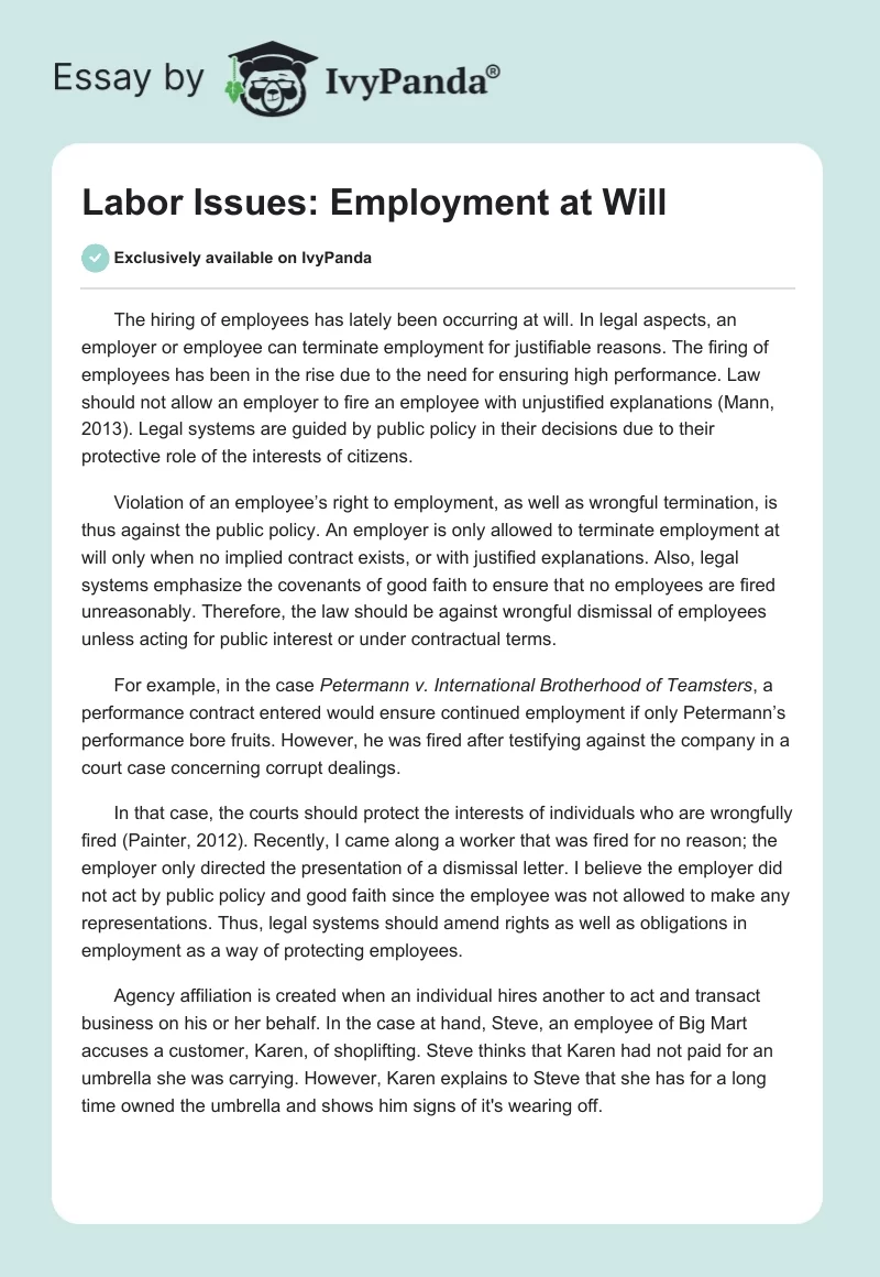 Labor Issues: Employment at Will. Page 1