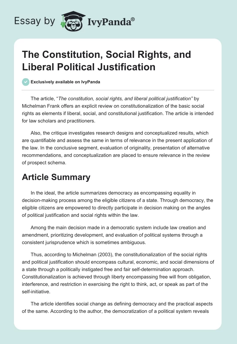 The Constitution, Social Rights, and Liberal Political Justification. Page 1