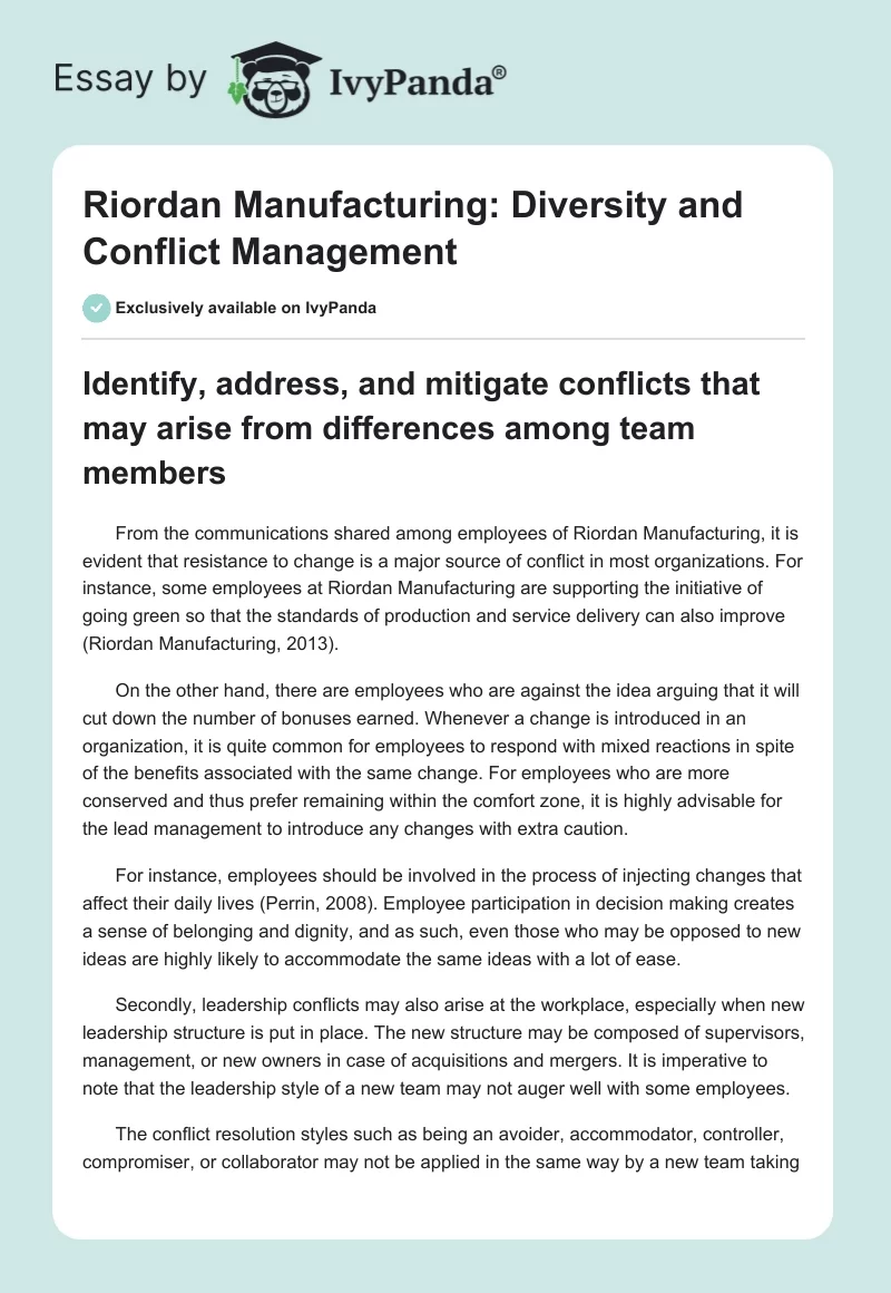 Riordan Manufacturing: Diversity and Conflict Management. Page 1