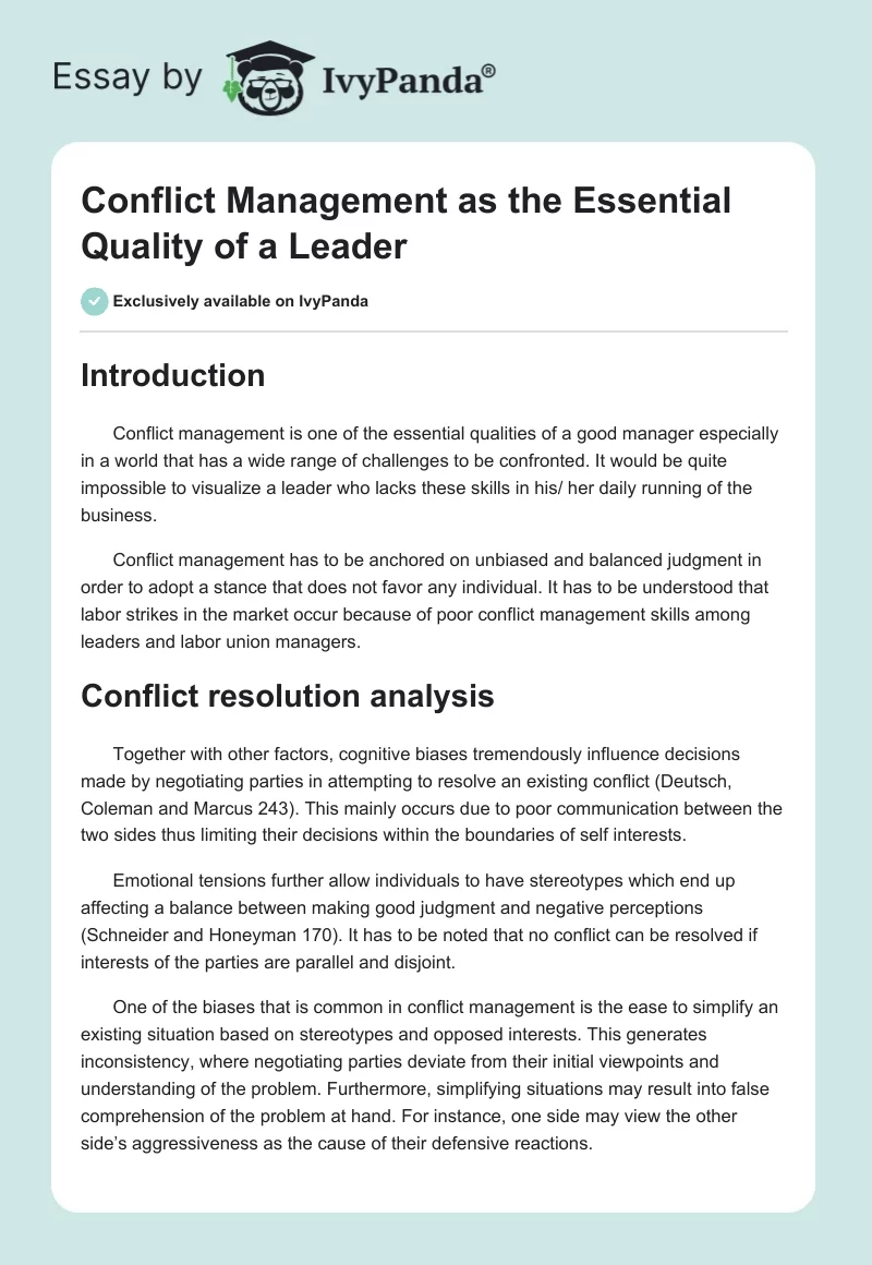 Conflict Management as the Essential Quality of a Leader. Page 1