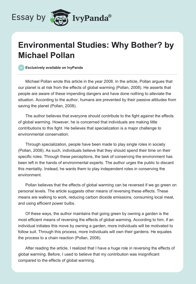 Environmental Studies: "Why Bother?" by Michael Pollan. Page 1