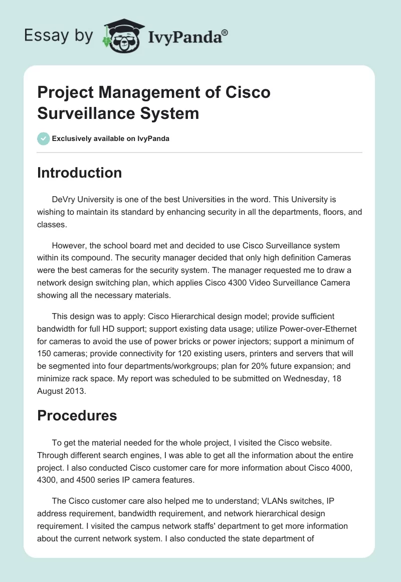 Project Management of Cisco Surveillance System. Page 1