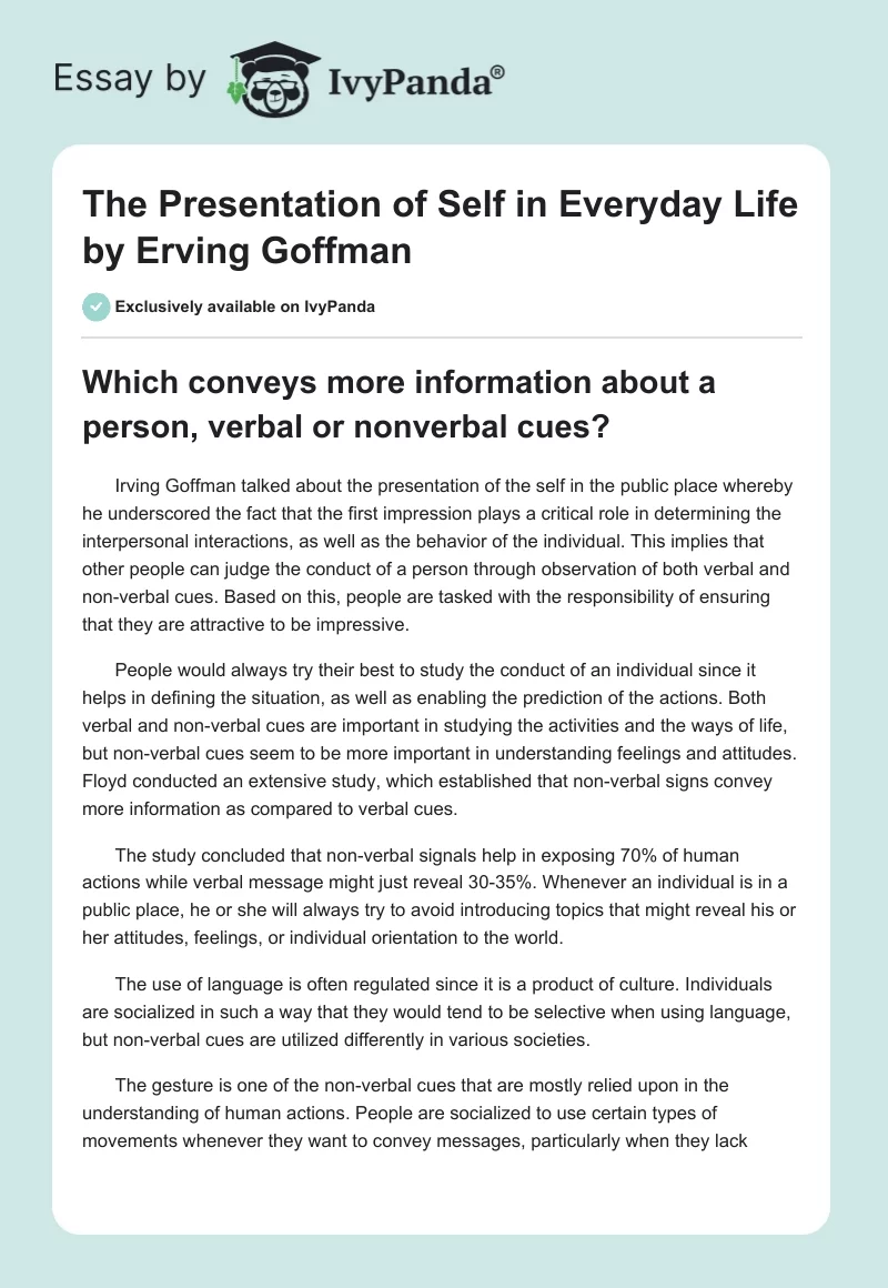 "The Presentation of Self in Everyday Life" by Erving Goffman. Page 1