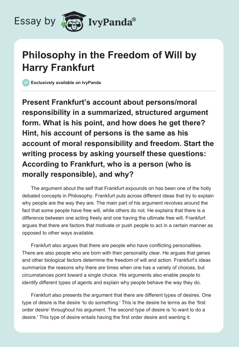 Philosophy in the Freedom of Will by Harry Frankfurt. Page 1