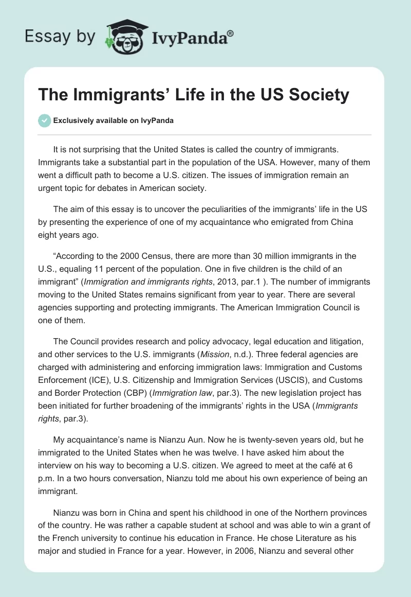 The Immigrants’ Life in the US Society. Page 1