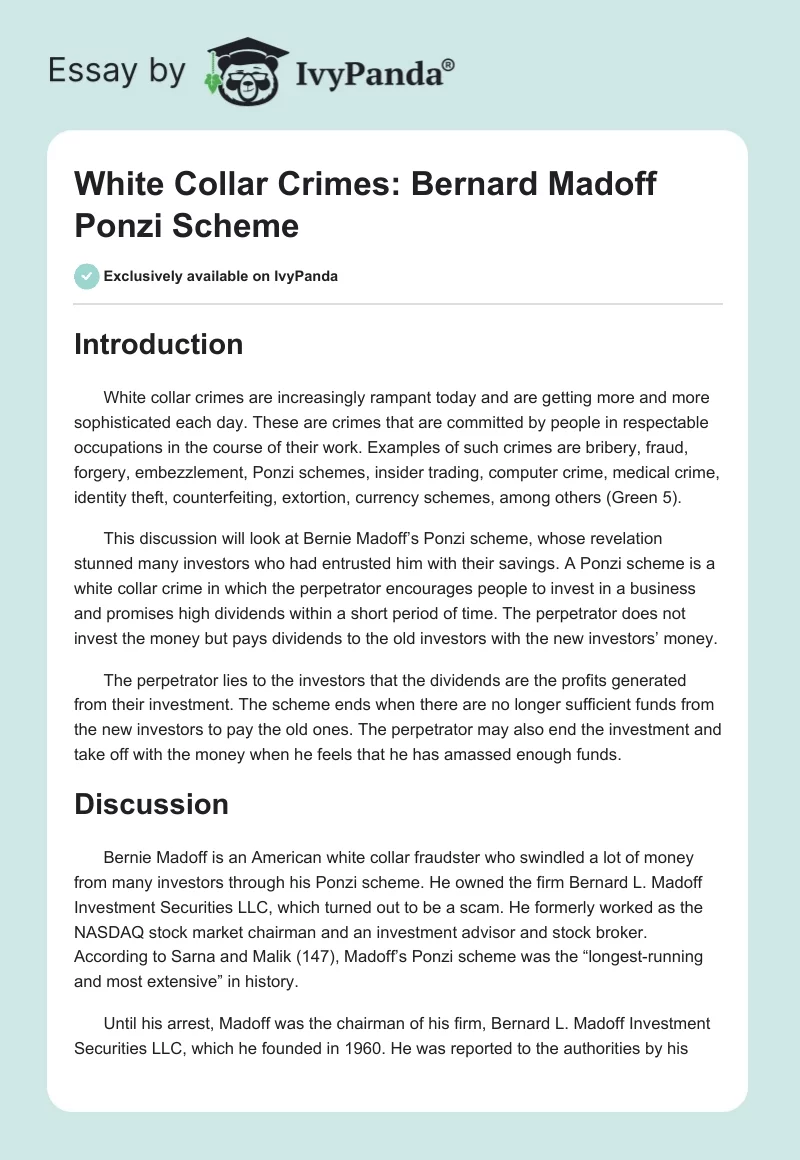 White Collar Crimes: Bernard Madoff Ponzi Scheme. Page 1