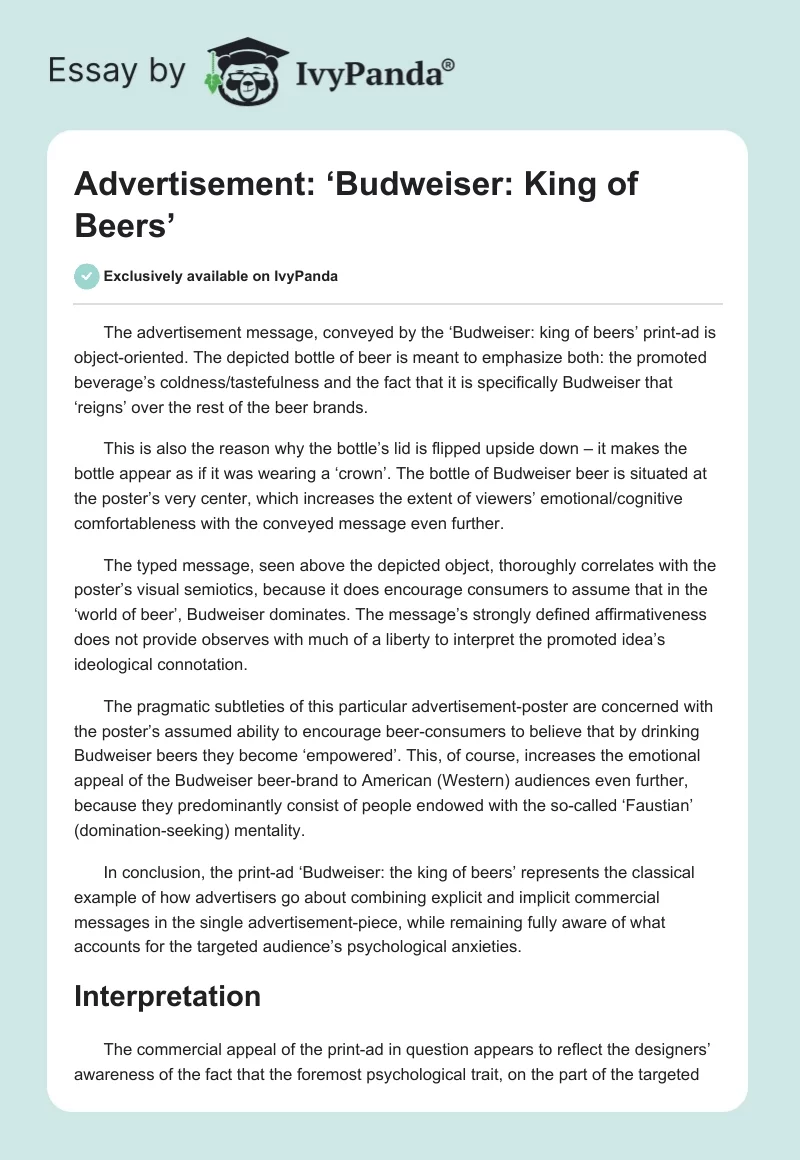 Advertisement: ‘Budweiser: King of Beers’. Page 1
