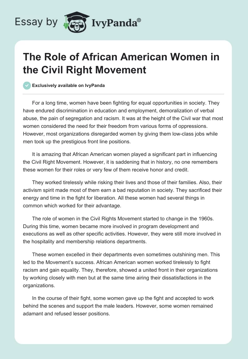 The Role of African American Women in the Civil Right Movement. Page 1